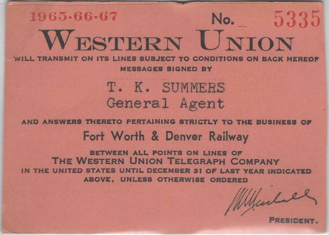 Western Union Charge Card 1965-66-67 - front, with President alteration