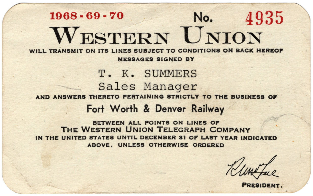 Western Union Charge Card 1968-69-70 - front