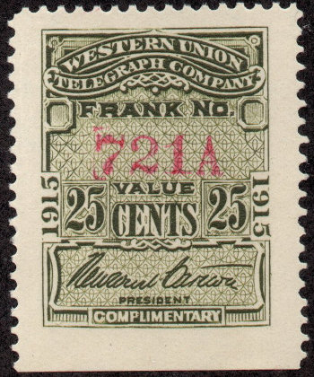 Western Union 1915 25c RH53a - 721A, no imprint