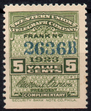 Western Union 1923 - 5c RH68a 2636B