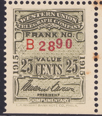 Western Union 1915 25c B2890 with imprint