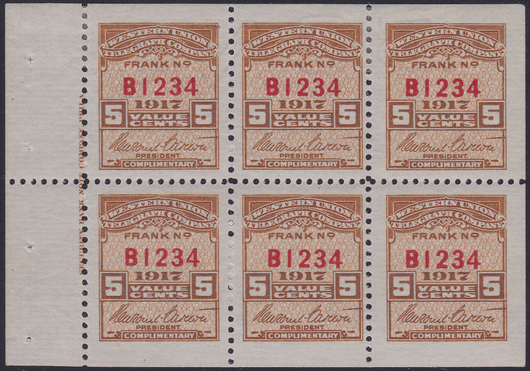Western Union 1917 - RH56 - B1234 pane