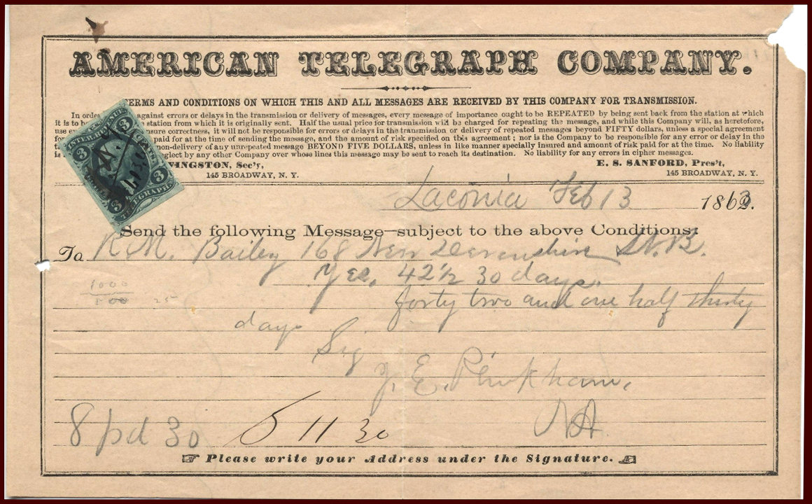 American Telegraph Co. Telegraph form with stamp