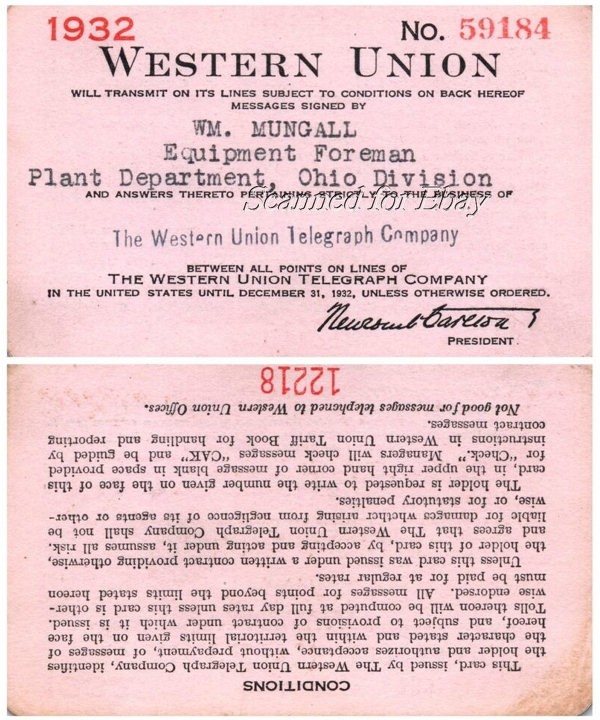Western Union Charge Card 1932 - front
