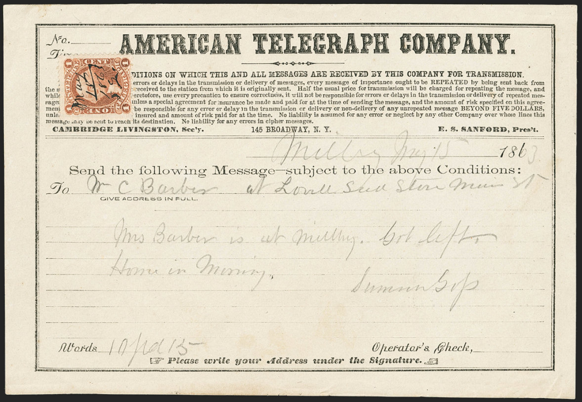 American Telegraph Co. Telegraph form with 1c stamp