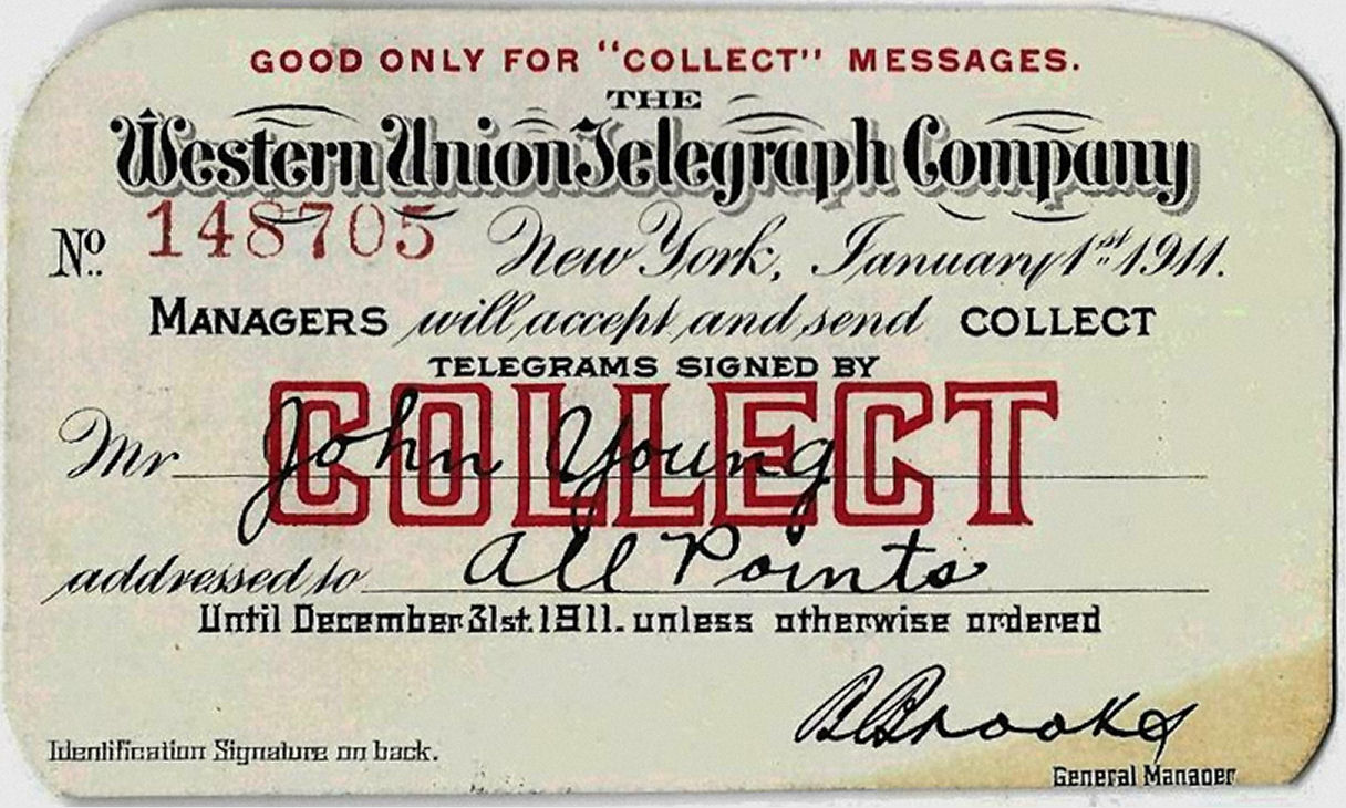 Western Union Collect Authorization 1911 - front