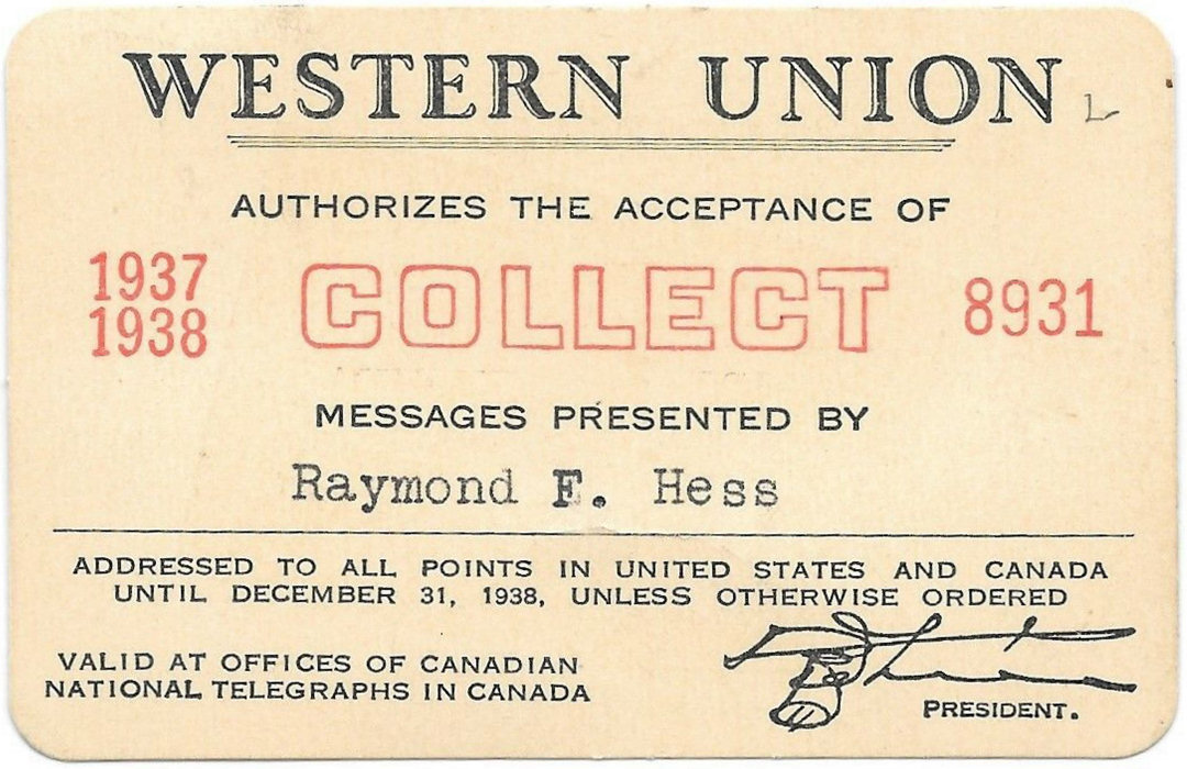 Western Union Collect Authorization 1937-8 - front