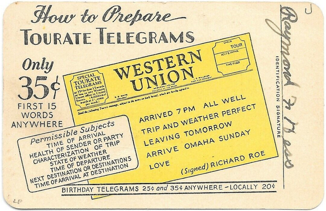 Western Union Collect Authorization 1937-8 - back