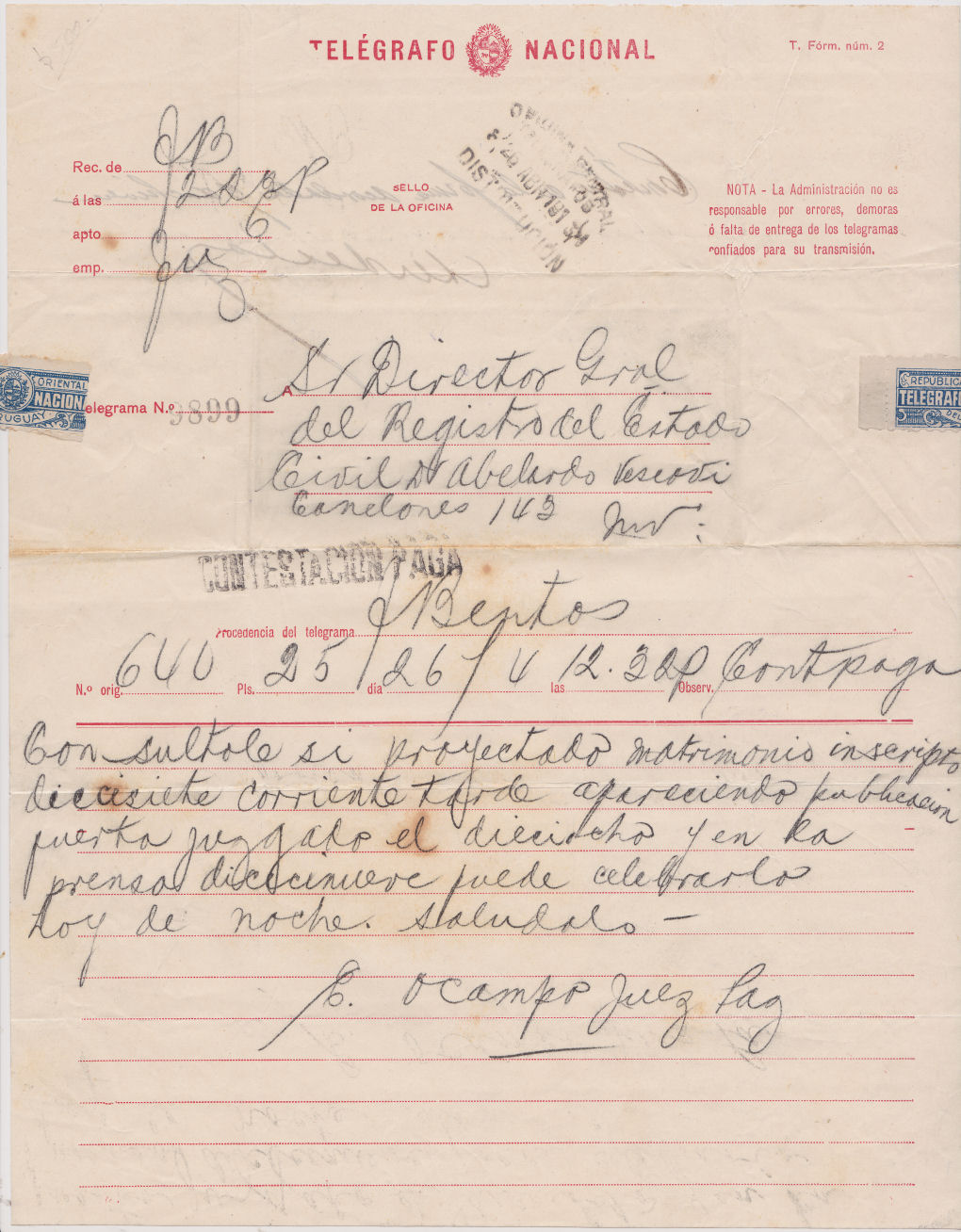 Telegram of 26-4-1913