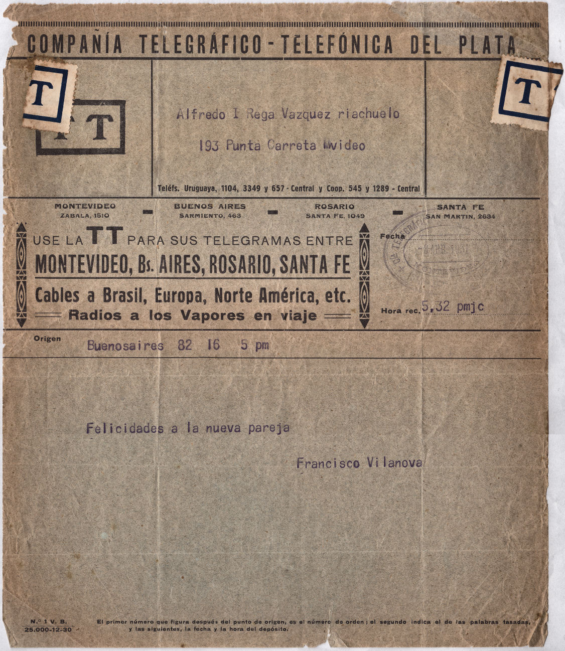 TT Del Plata Telegram of 8-4-1931