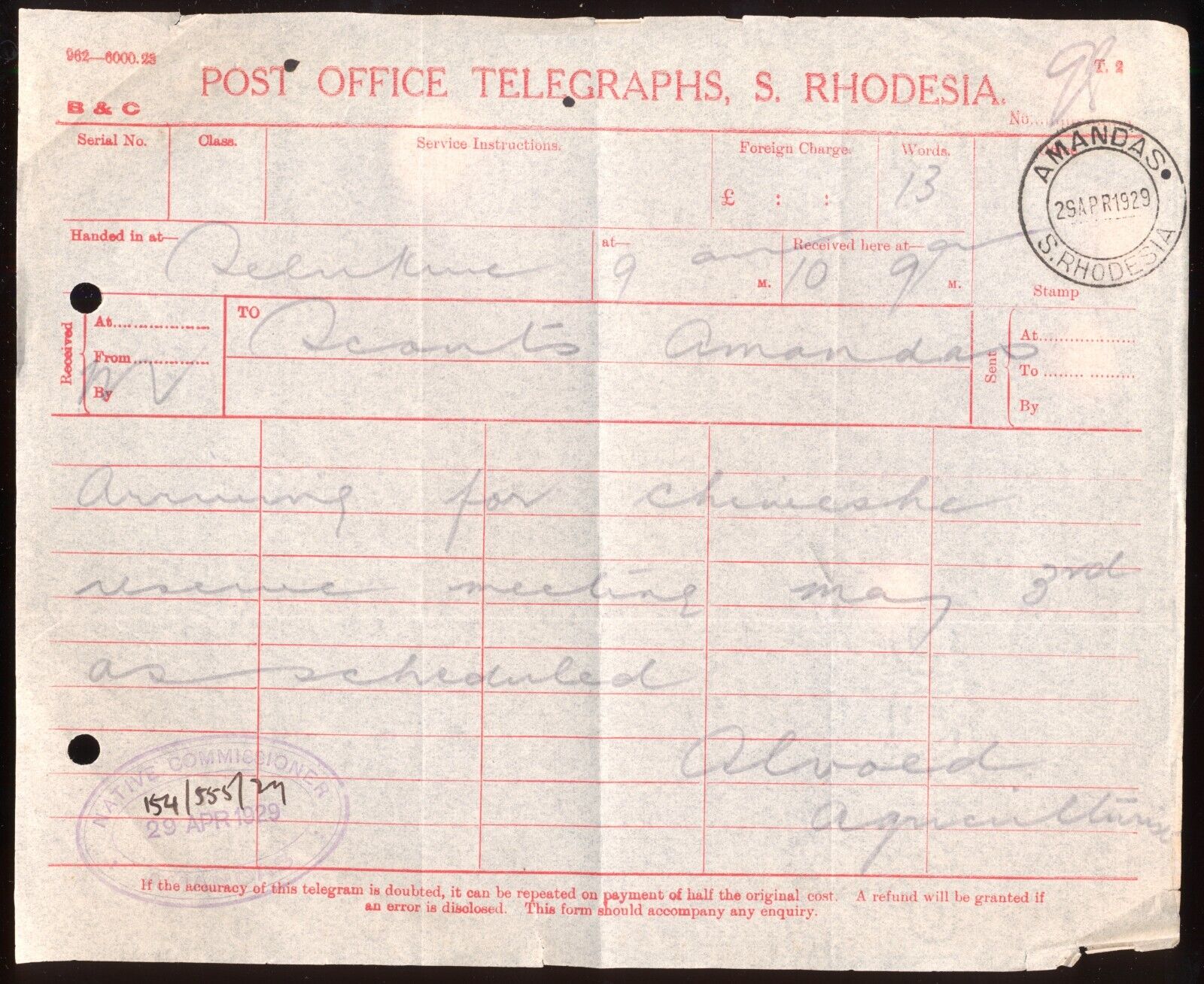 South Rhodesia PO Telegraphs - 1929