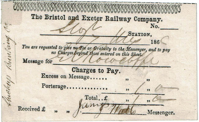 Form 20 TD, Bristol & Exeter Railway-1868 - Front