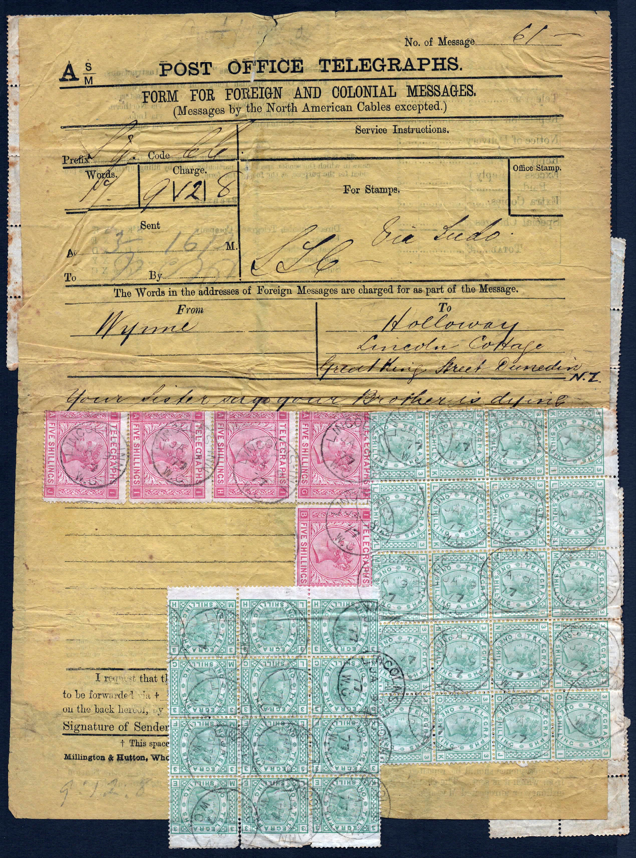 £9 12s 8d ASM Telegraph to New Zealand - front