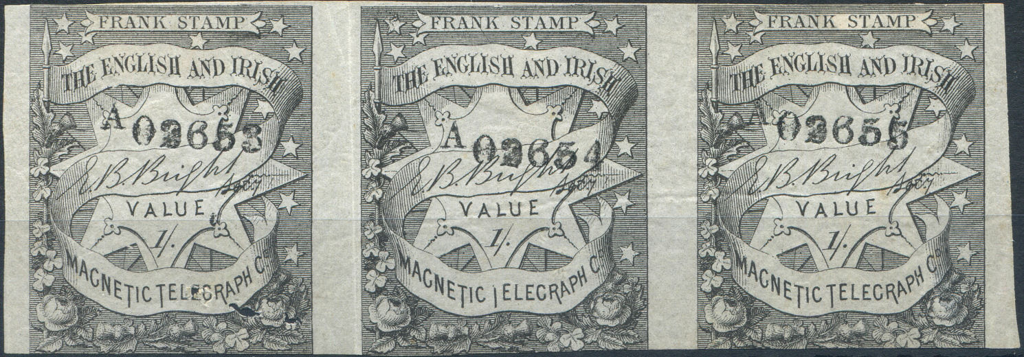 English & Irish Magnetic Telegraph Company strip of 3 x 1s.