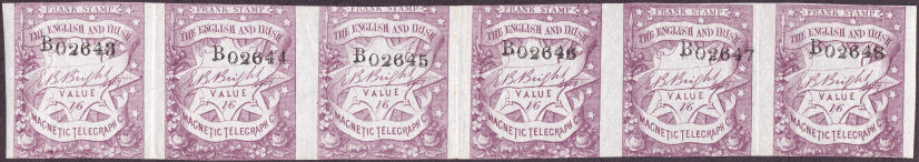 English & Irish Magnetic Telegraph Company strip of 1s6d x 6.