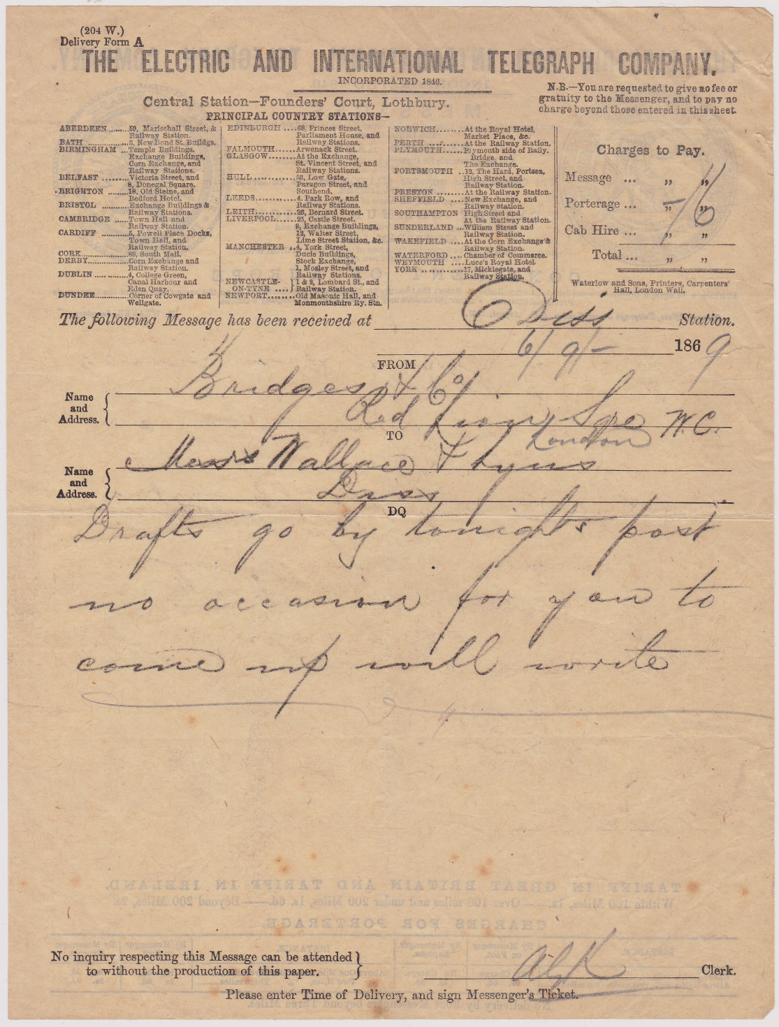 Electric Telegraph Company Form A - front.