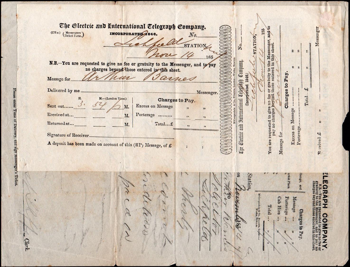 ET November 1857 Messagengers' Ticket Form.