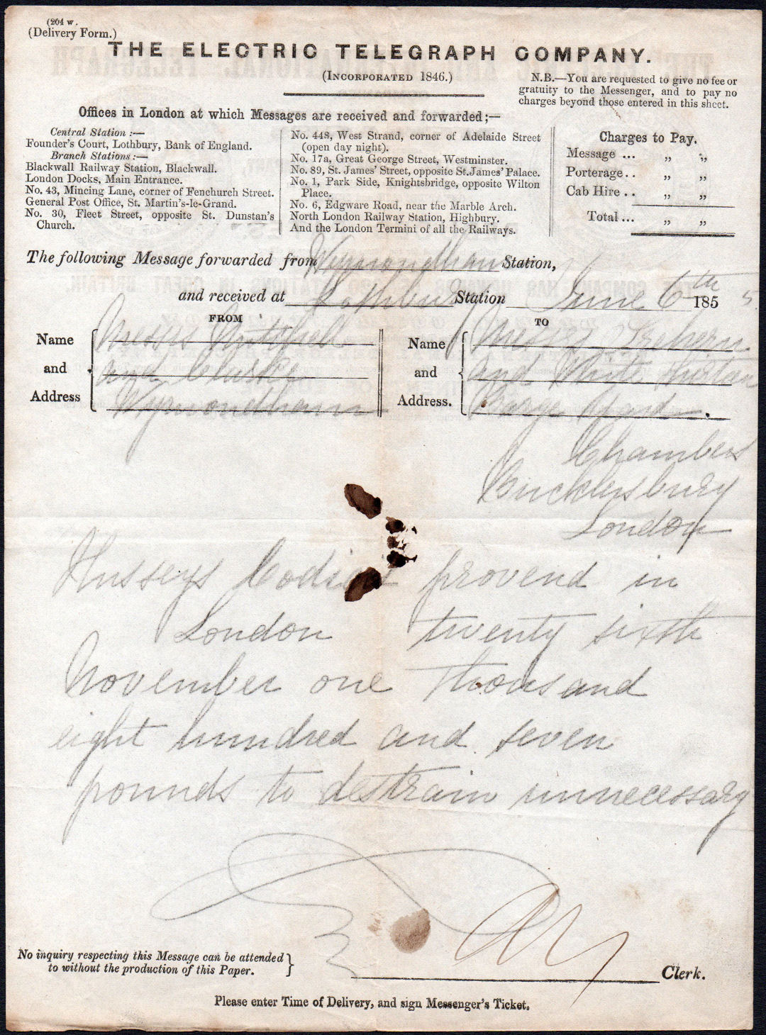 Electric Telegraph Company Stationery 1855 - front.
