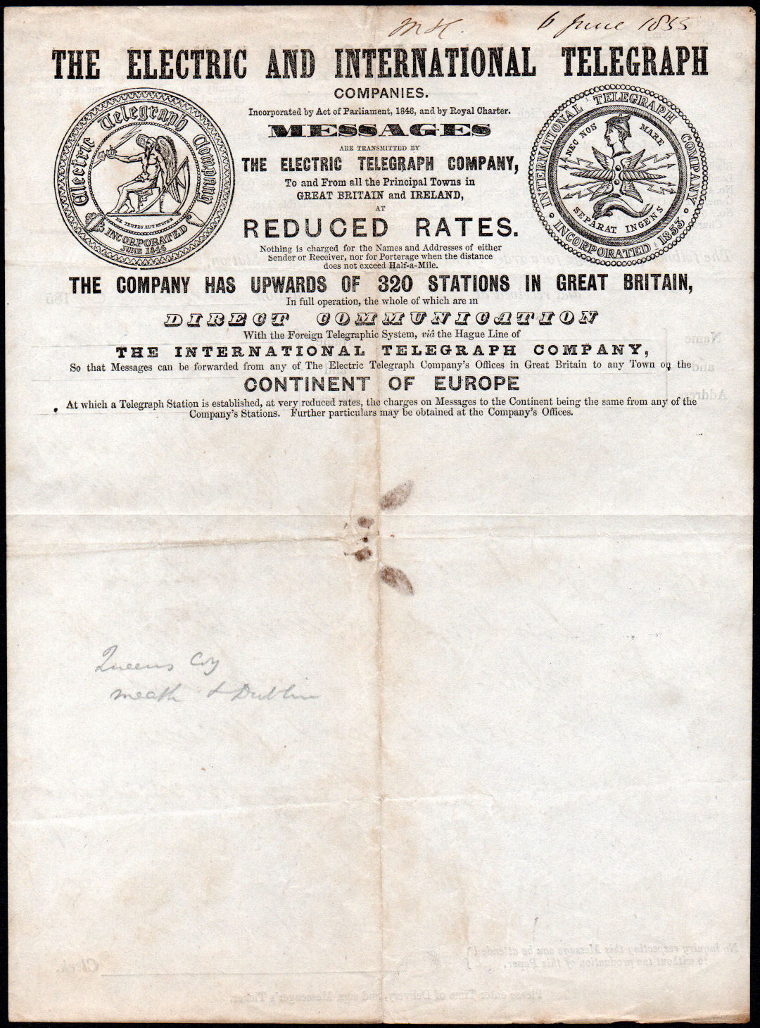 Electric Telegraph Company Stationery 1855 - back.