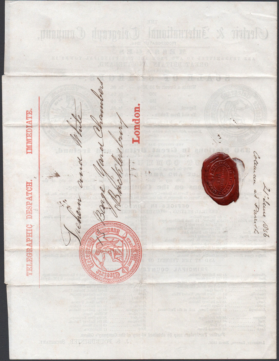 Electric Telegraph Company Stationery 1856 - back.