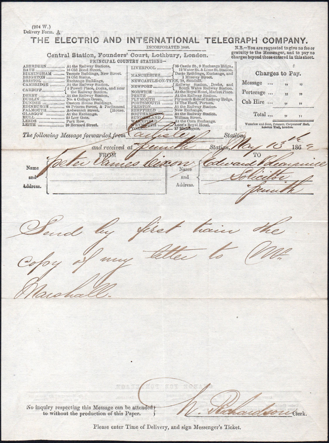 Electric Telegraph Company Stationery 1861 - front.