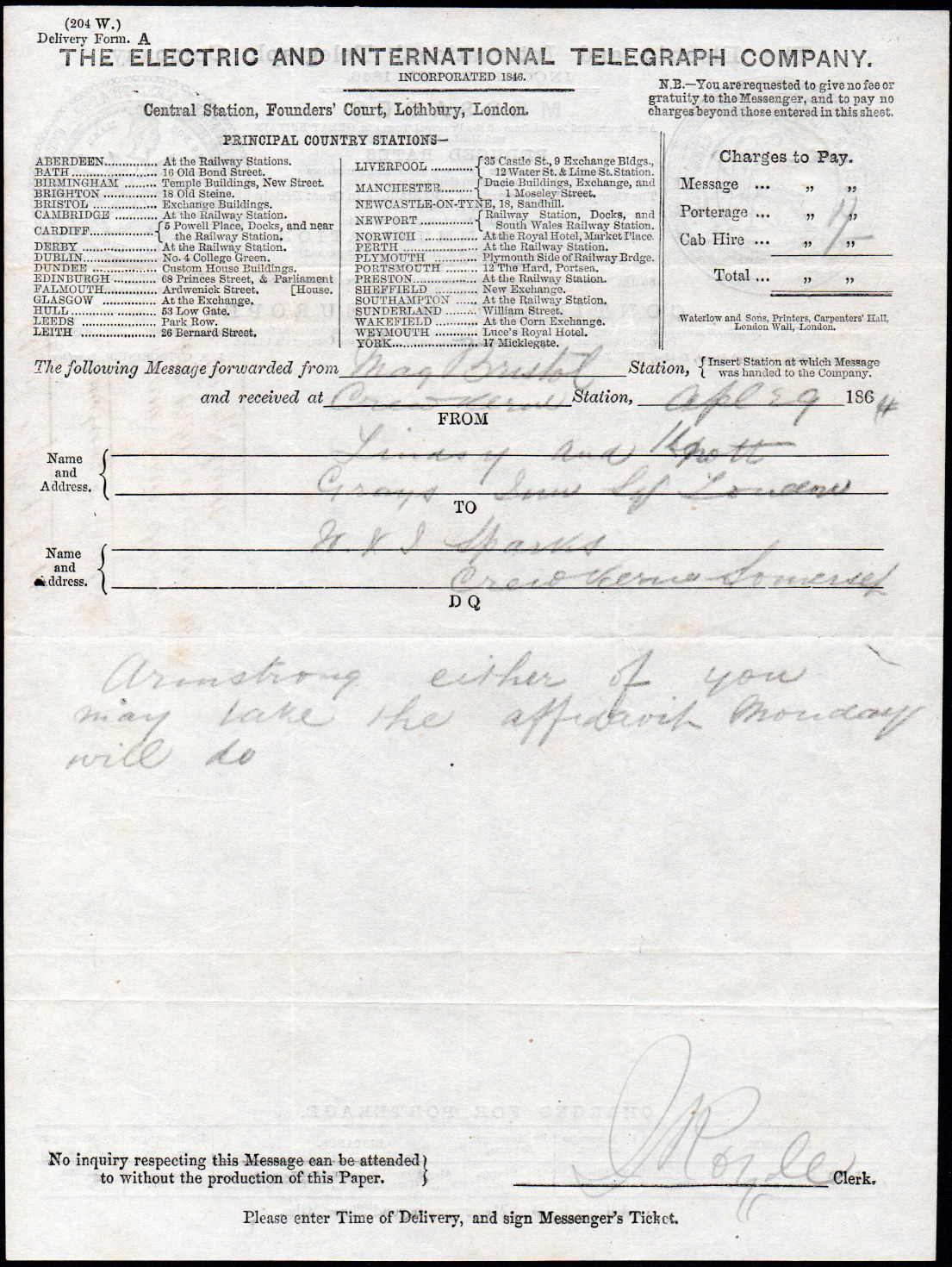 Electric Telegraph Company Form A - 1863 front.