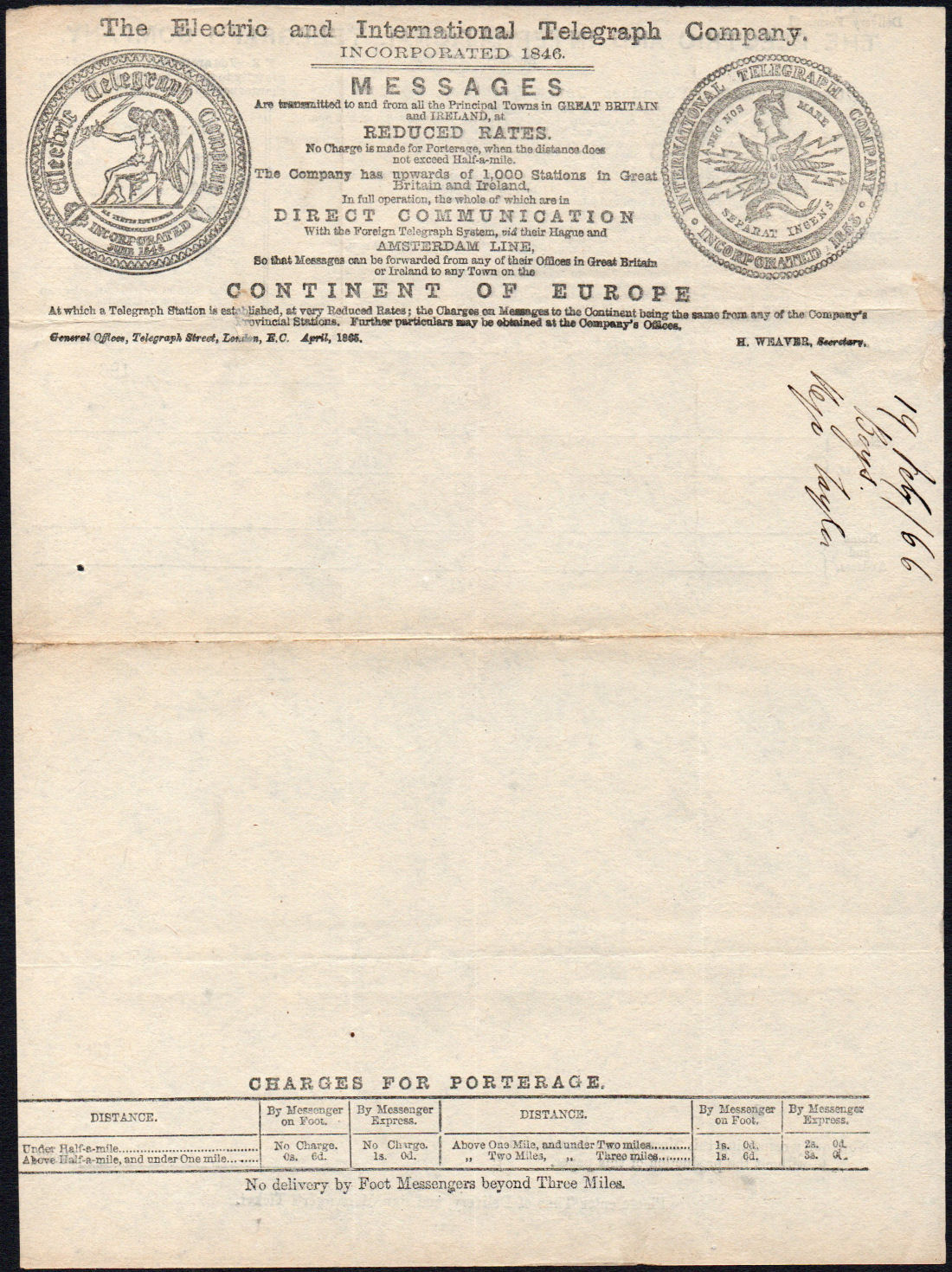 Electric Telegraph Company Form C - back.