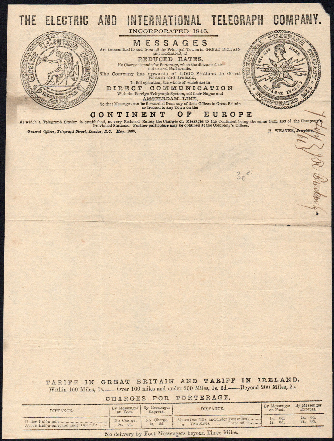 Electric Telegraph Company 1866 Form C - front.