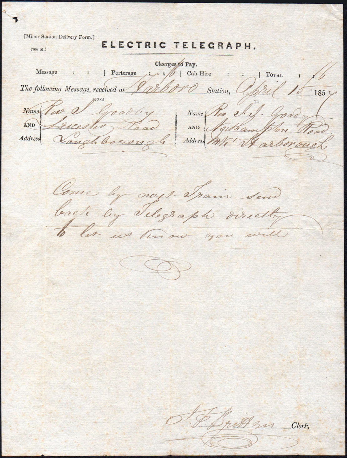 Electric Telegraph Co Minor Station delivery form 1857.