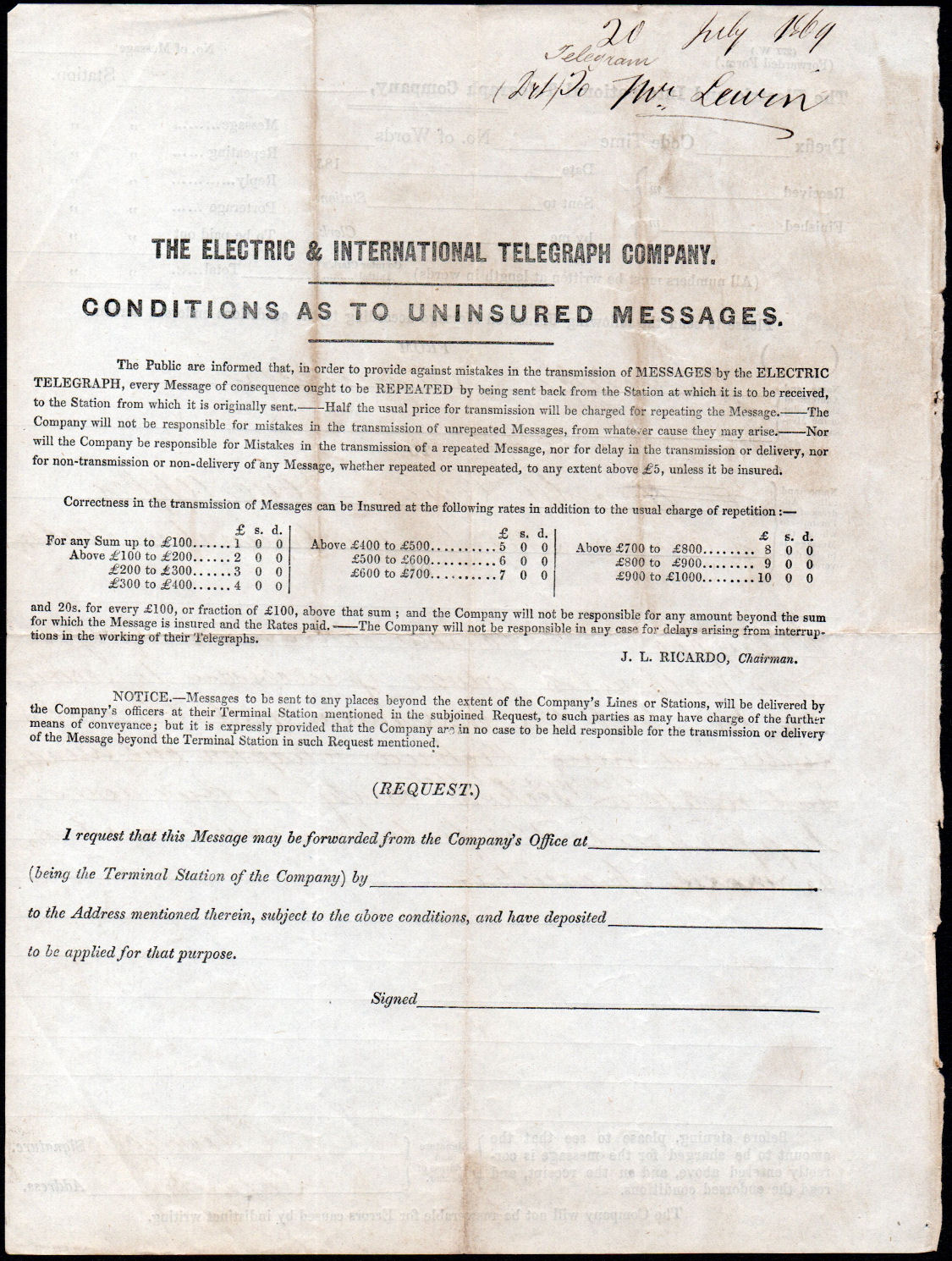 Electric Telegraph Form 277 - 185 back.