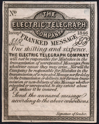 Electric Telegraph Company 1s 6d Proof.