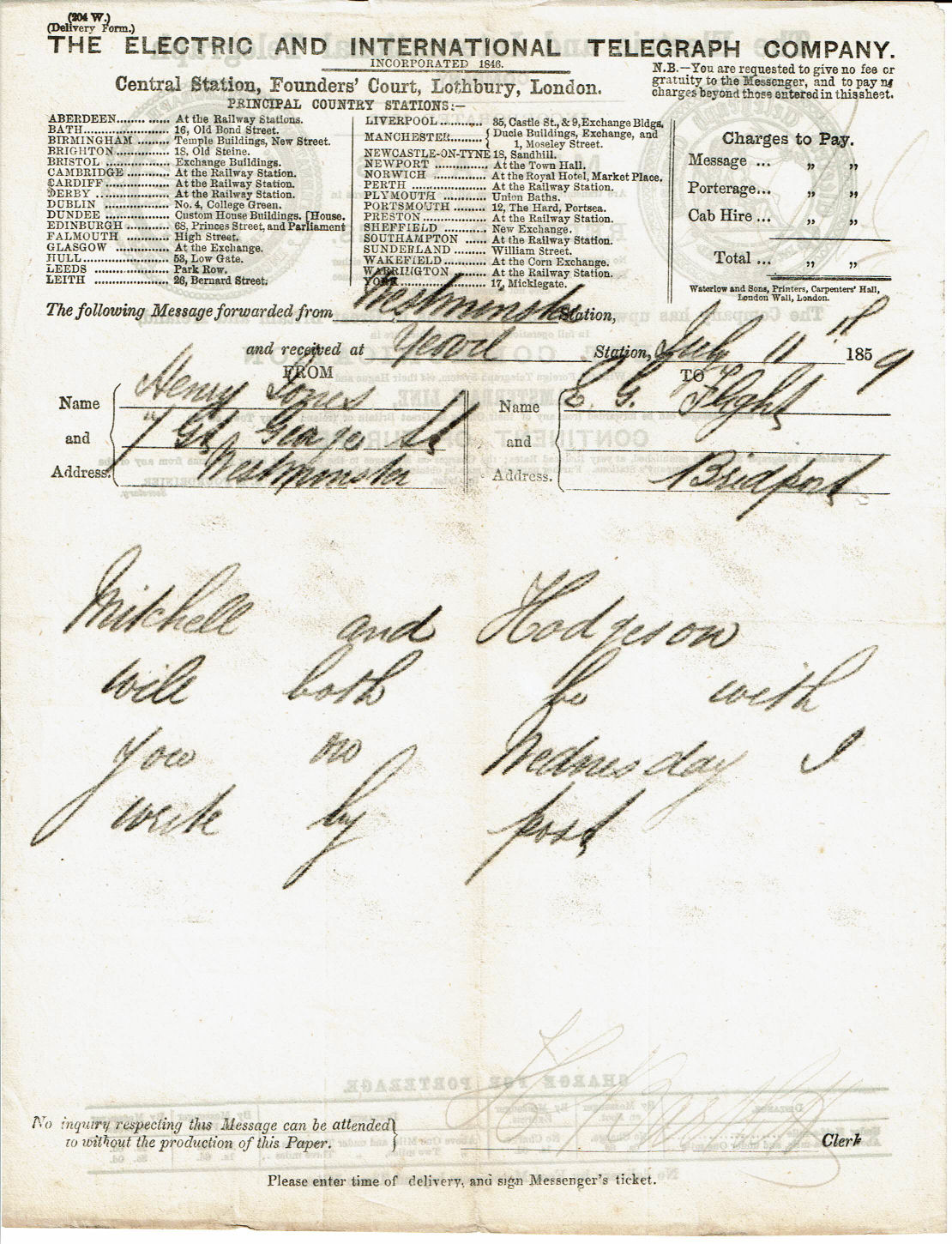 Electric Telegraph Company Stationery 1859 - front.