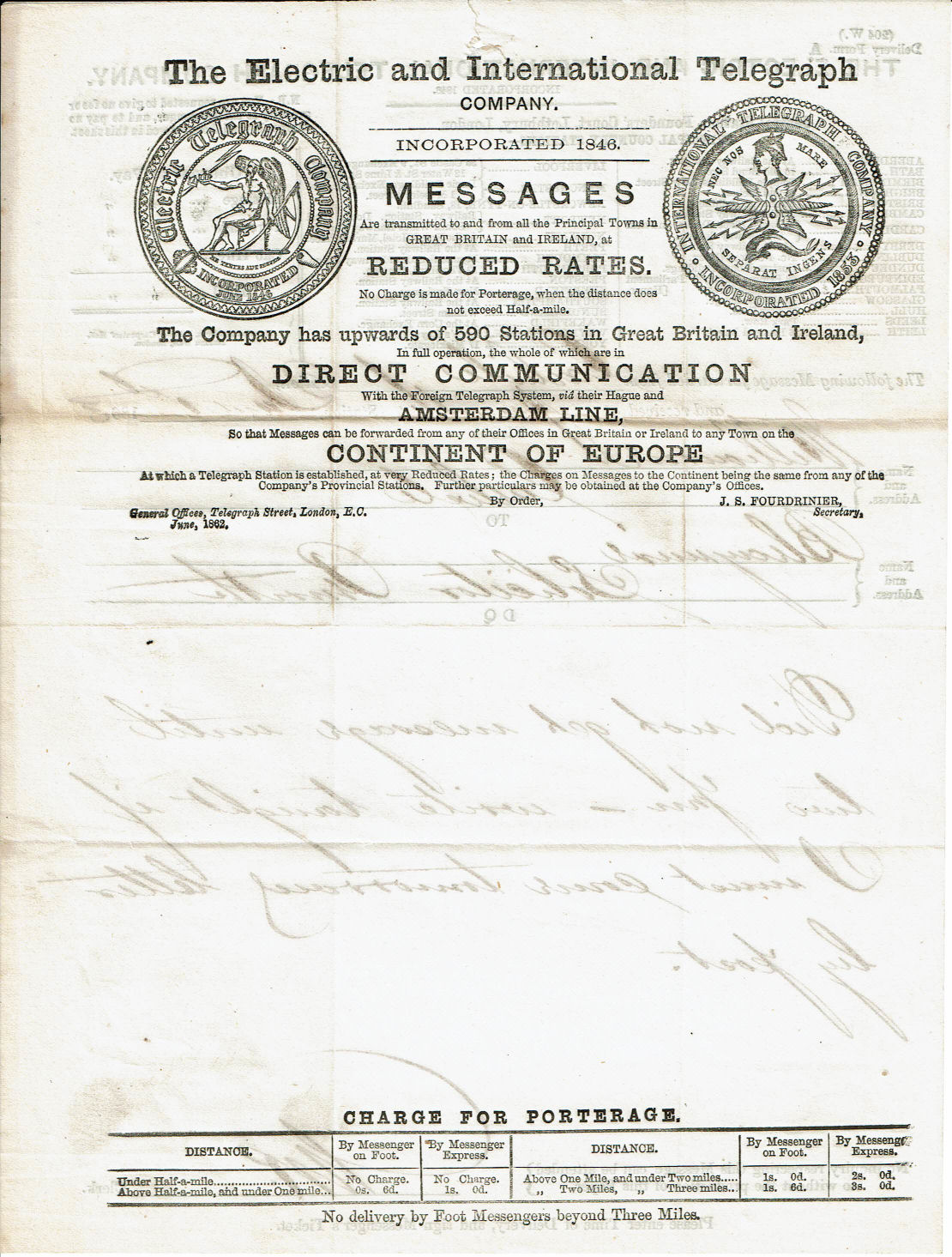 Electric Telegraph Company Form A - 1862 back.