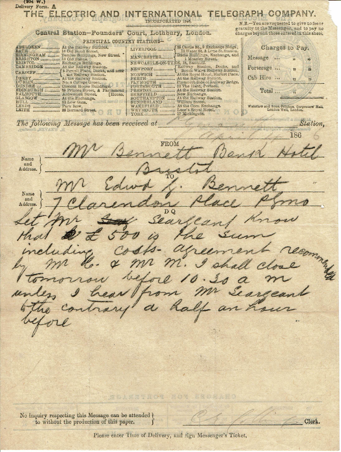 Electric Telegraph Company Form A - 1865 front.