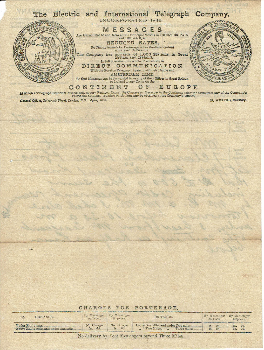 Electric Telegraph Company Form A - 1865 back.
