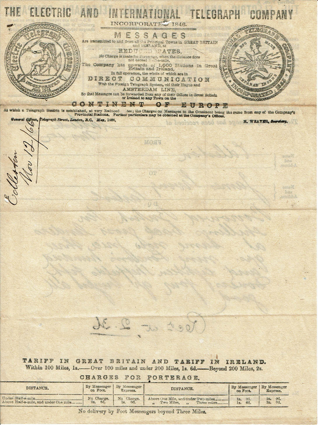 Electric Telegraph Company 1866 Form A - back.