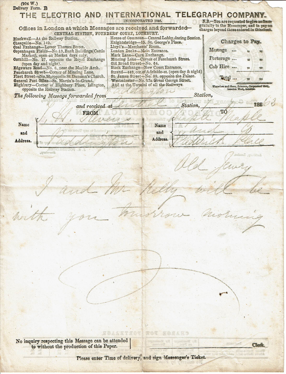 Electric Telegraph Company Form B - front.