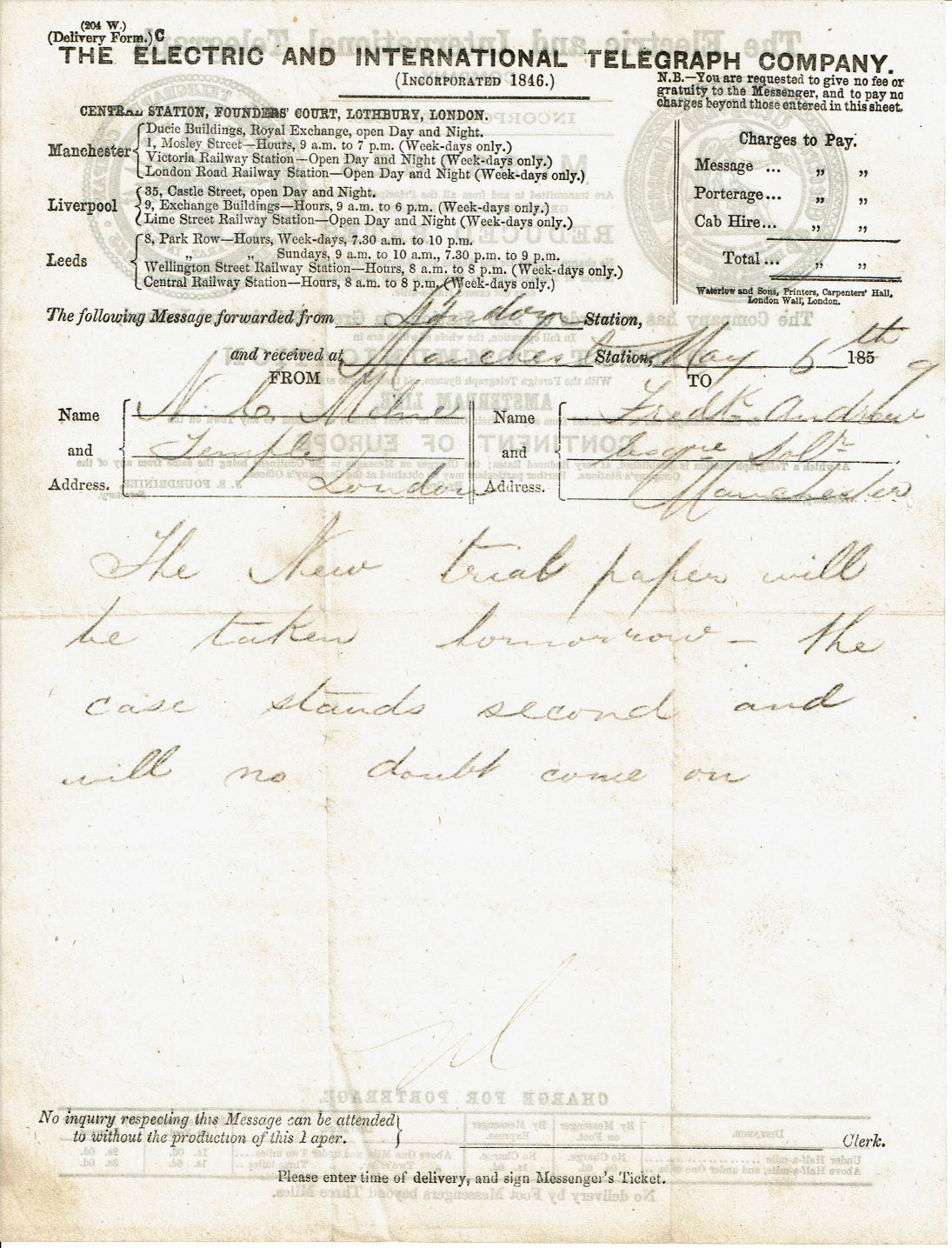 Electric Telegraph Company Form C 1859 - front.