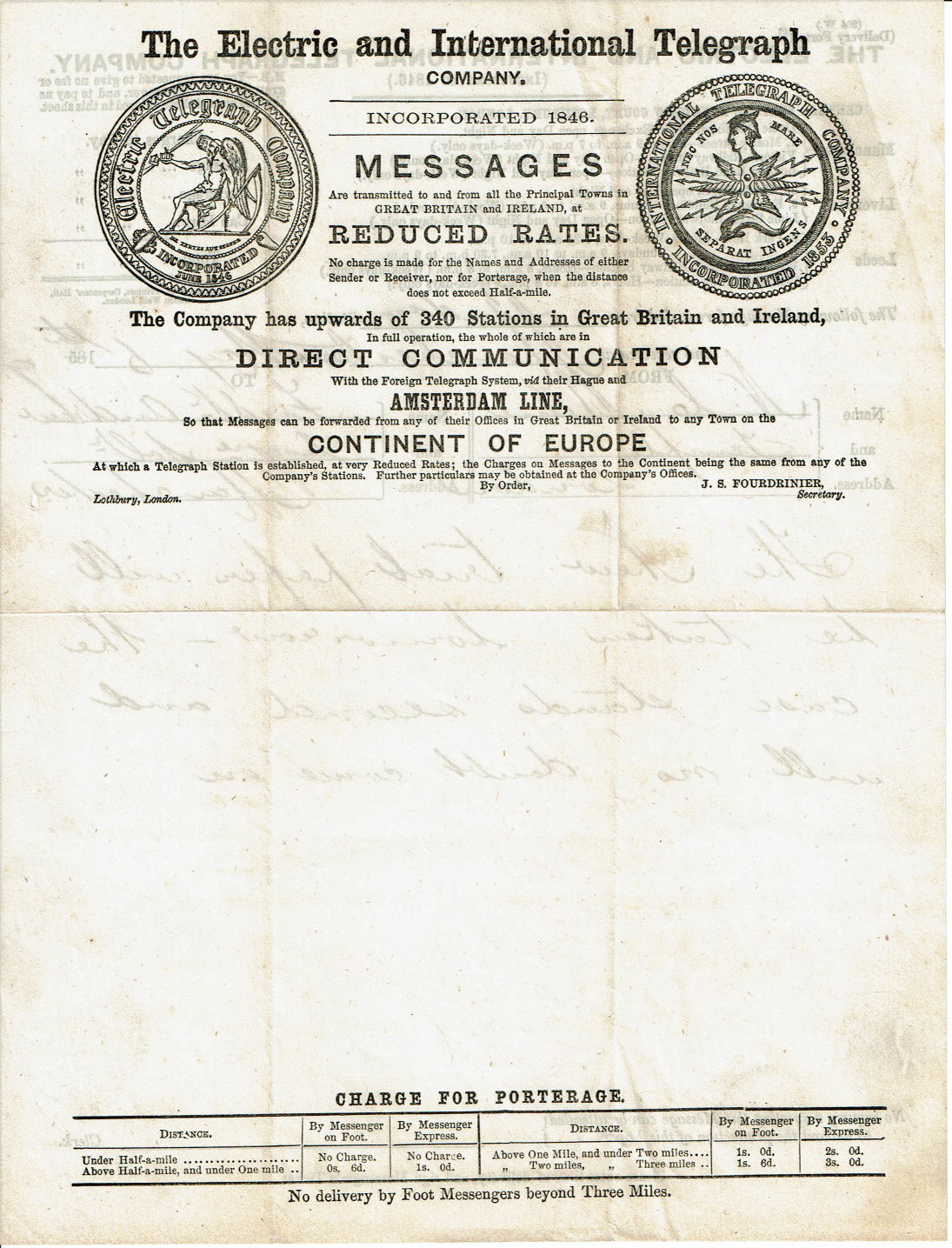 Electric Telegraph Company Form C 1859 - back.