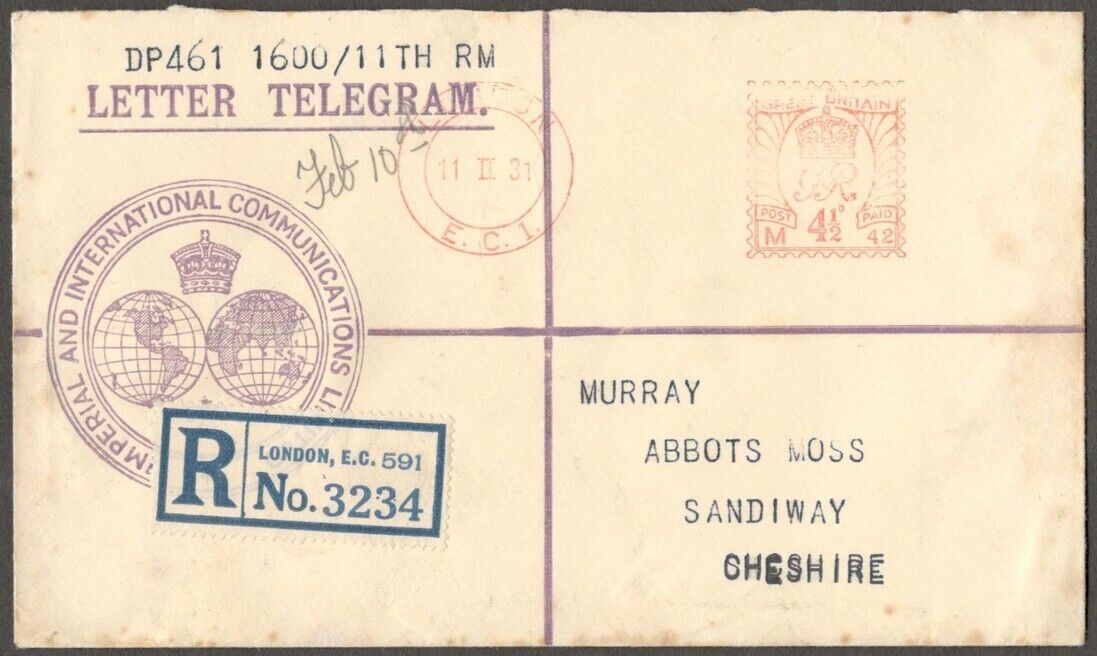 Imperial & Int. Telegraph envelope - 10-2-1931 front