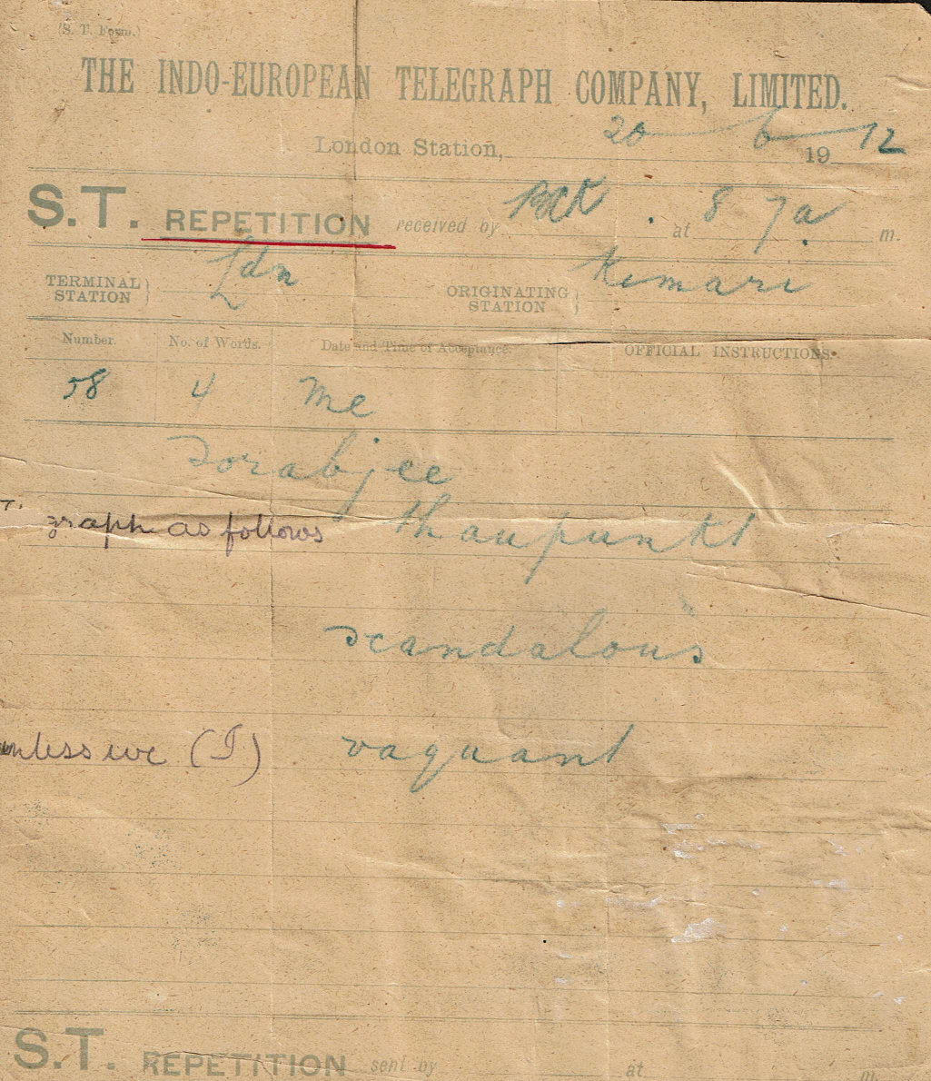 Indo Telegram Co. S.T. Repetition Form, London 1912