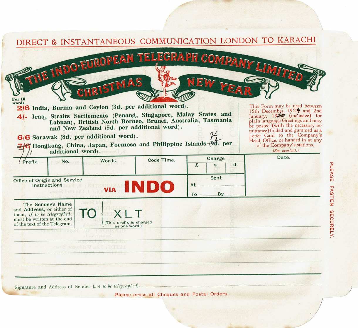 Christmas / New Year Form printed 1928 - front
