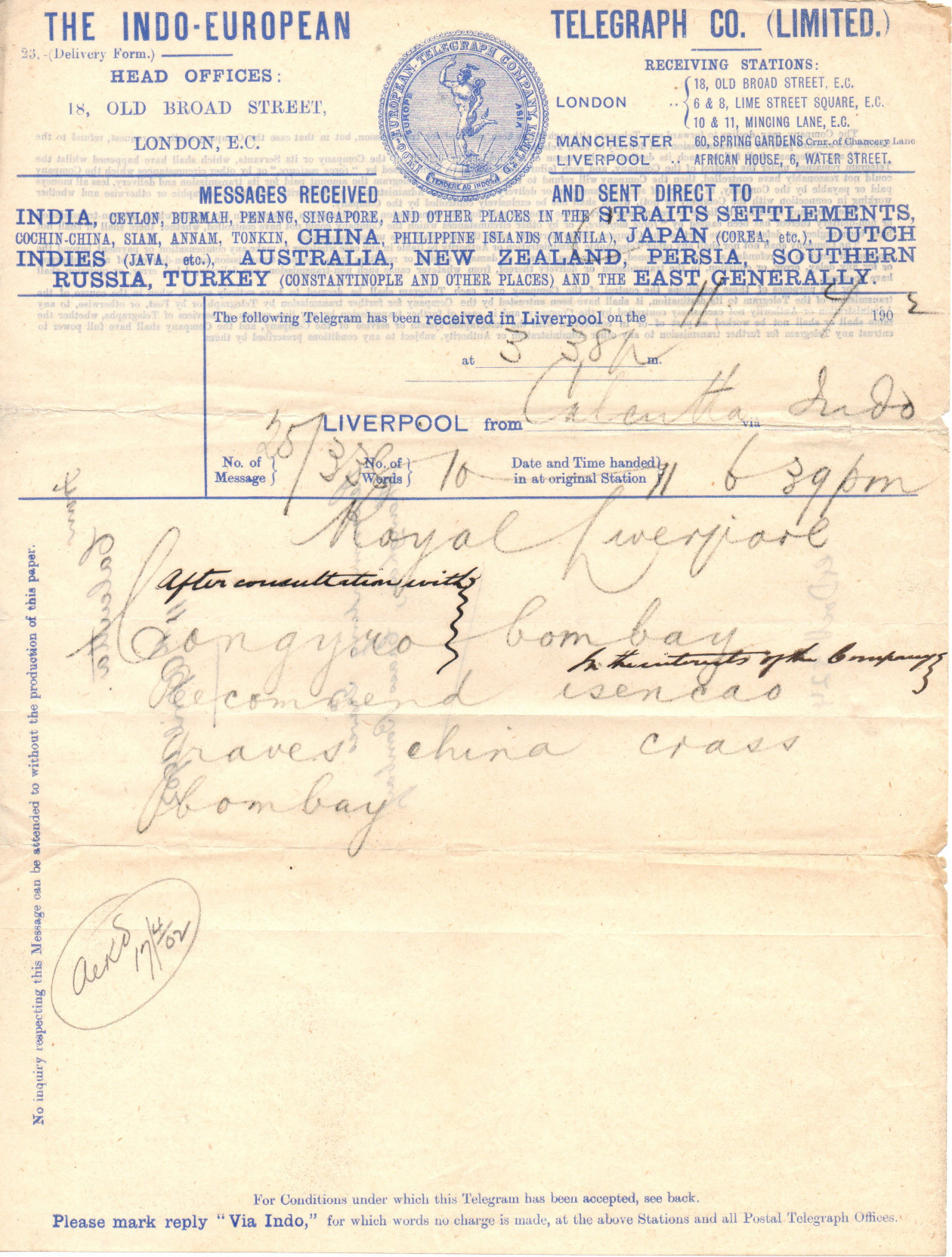 Indo Telegram Co. Form 23 - Liverpool, front