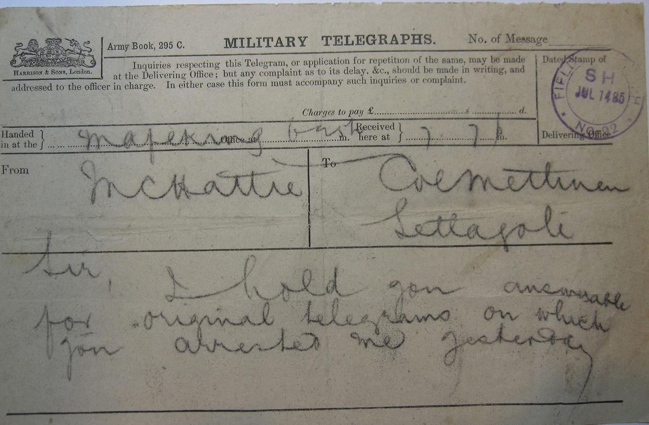 Military Telegram from Mafeking to Setlagoli