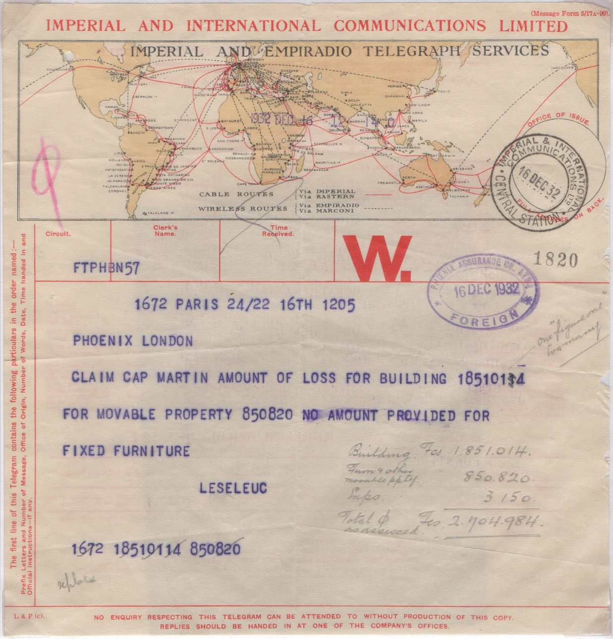 Imperial & Int. Telegraph Form - 16-12-1932