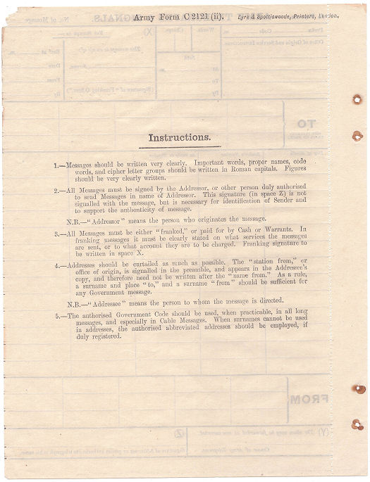 Army Telegraphs & Signals Form C2121 - Back