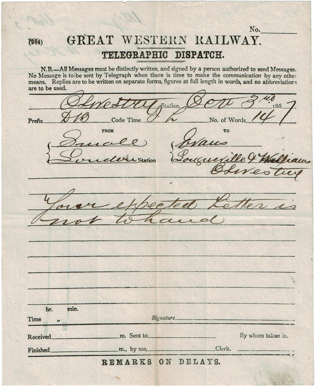 GWR form 984 of 1867 - front.