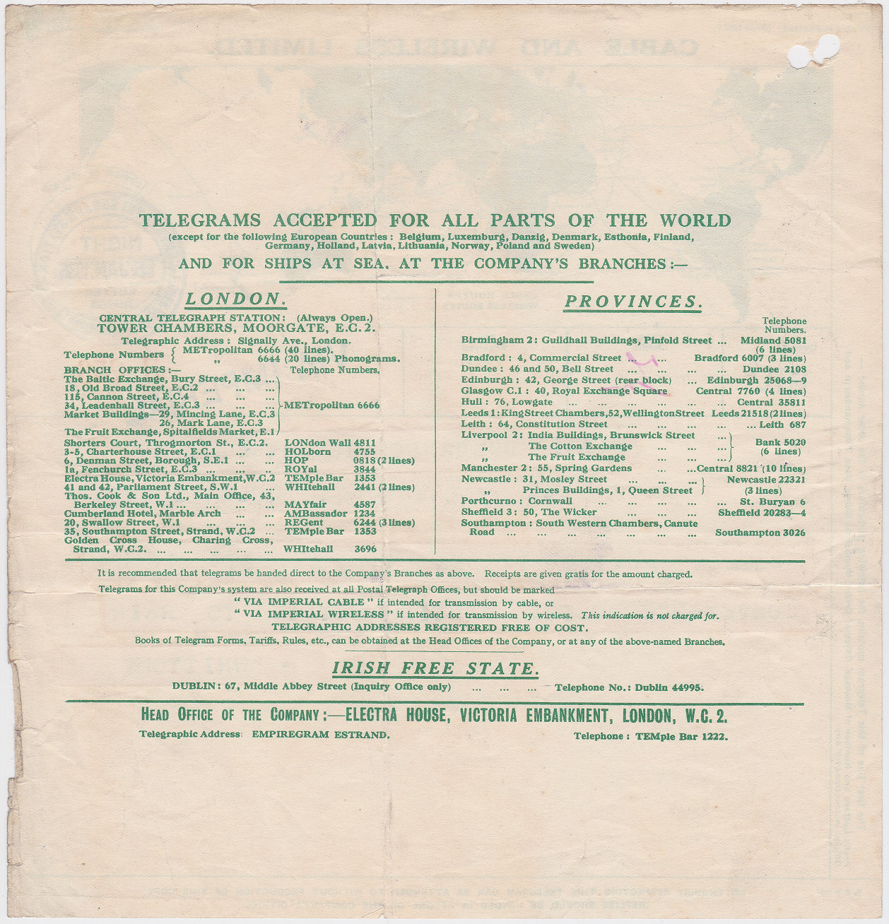 Imperial Telegraph Form - 15-1-1935 - back