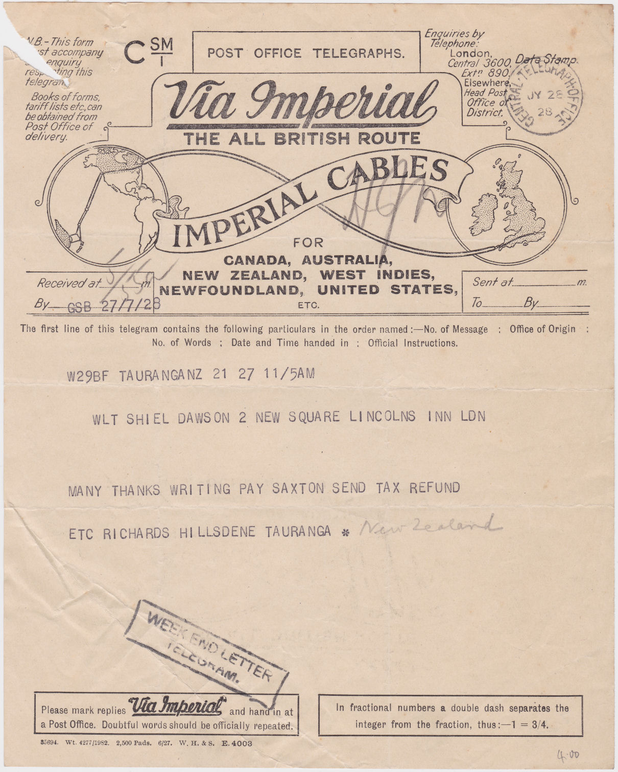 Imperial PO Telegraph Form - June 1927