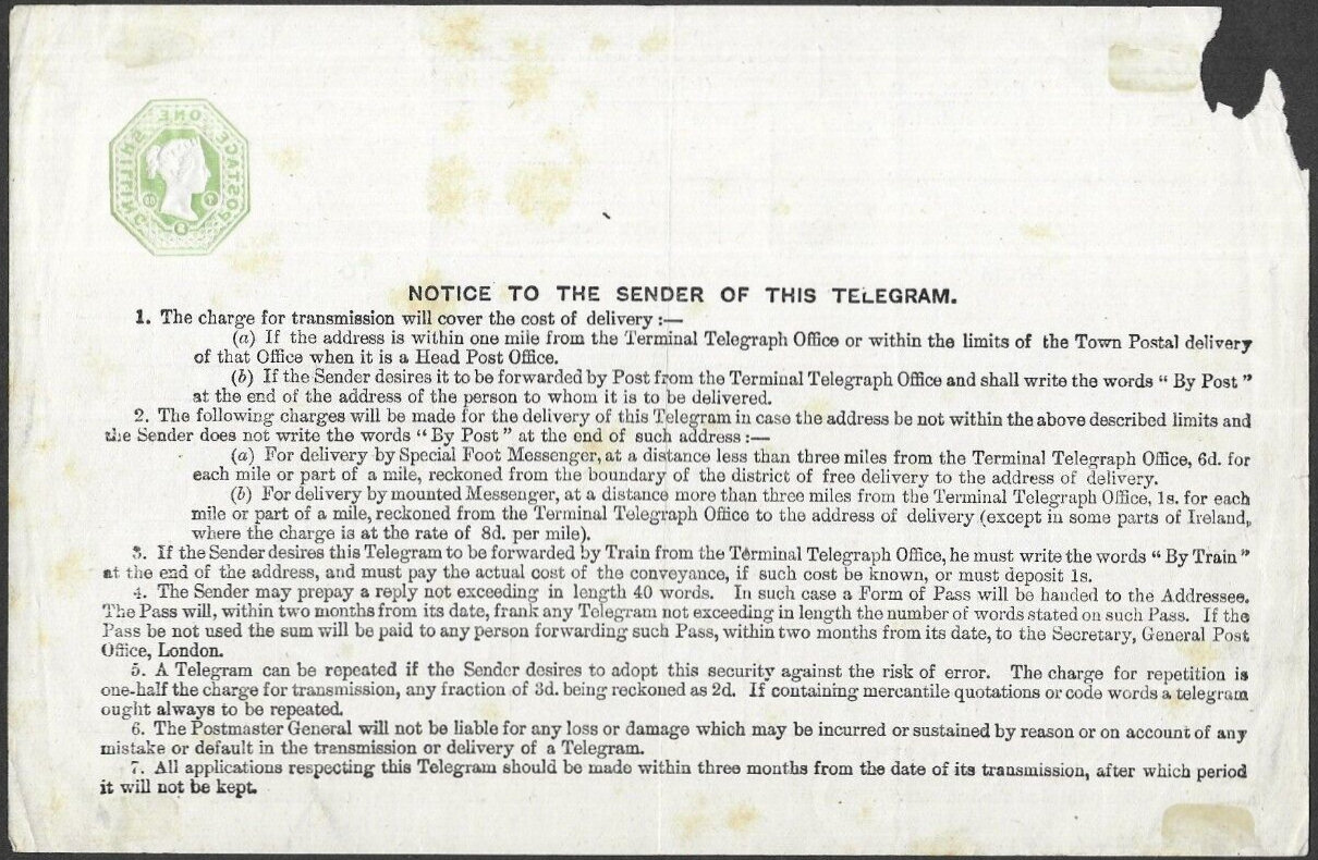 6d Post Office Telegraph Form TP9c/10b - back